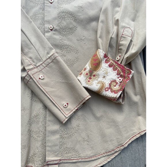 Zara Men’s XL Embroidered Paisley Dress Shirt Beige Cotton Contrast Cuff Turkey - Picture 2 of 16